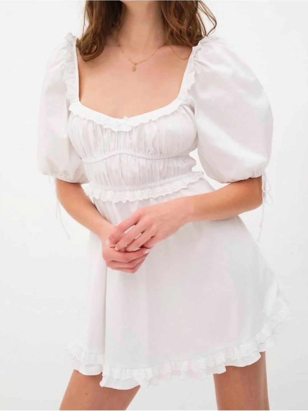 For Love & Lemons Jackson Mini Dress Size L White Puff-Sleeve - Picture 5 of 6
